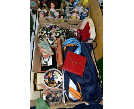 TWO BOXES OF HABERDASHERY, DOLLS AND VINTAGE GROOMING ACCESSORIES, to include a tin, a pot and a bag of modern and vintage bu