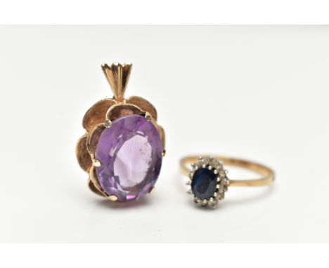 A 9CT GOLD SAPPHIRE AND DIAMOND CLUSTER RING AND  A 9CT GOLD AMETHYST PENDANT, the oval cluster ring, centering on an oval cu