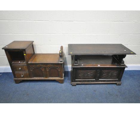 A CARVED OAK MONKS BENCH, width 106cm x depth 45cm x height 67cm, and an oak telephone table/seat (condition:-crack to lid on