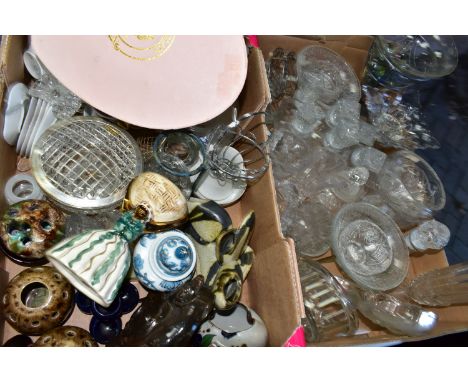 TWO BOXES OF CERAMICS AND GLASSWARE, to include a pressed glass rose bowl with metal grill, four clear pressed glass flower f