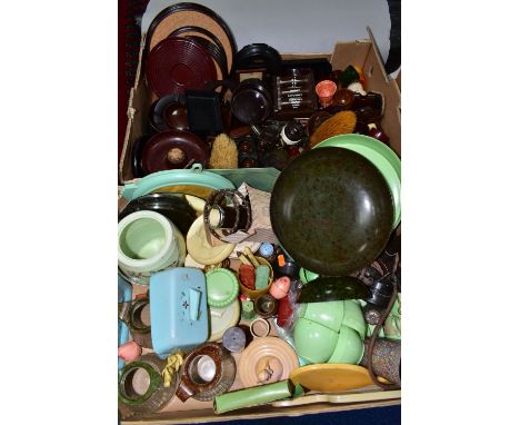 TWO BOXES OF BAKELITE AND OTHER EARLY PLASTIC ITEMS, to include bowls, cups, trinket boxes, table lamp, telephone receivers, 