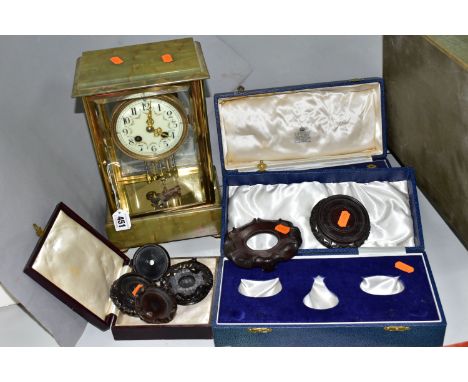 A GLASS CASED MANTEL CLOCK, EMPTY GARRARD FITTED CASES AND SUNDRY ITEMS, comprising a French glass and onyx cased mantel cloc