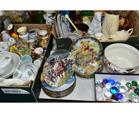 THREE BOXES OF ASSORTED CERAMICS AND GLASS WARES ETC, to include eight Native American themed collectors plates, six teddy be