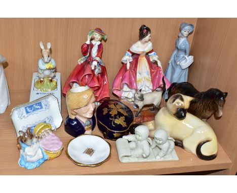 A GROUP OF CERAMICS, to include Royal Doulton Southern Belle HN2229 and Top o'the Hill HN1834 (the latter extensively damaged