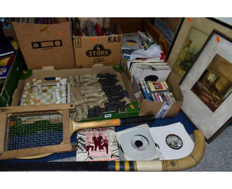 FIVE BOXES AND LOOSE SUNDRY ITEMS ETC, to include an onyx chess set, oriental figure chess pieces - missing a pawn from each 