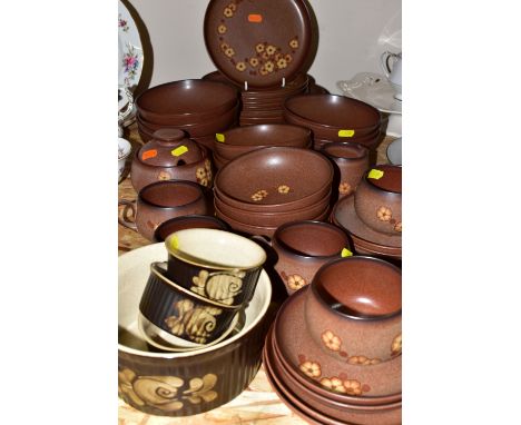 A DENBY 'SANDSTONE' PATTERN PART DINNER SET, comprising six cups, six saucers, six tea plates, milk jug and covered sugar bow