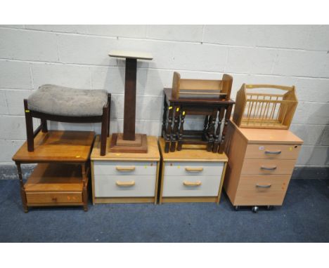 A SELECTION OF OCCASIONAL FURNITURE, to include a pair of oak and white finish two drawer bedside cabinets, a beech three dra