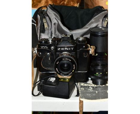 VINTAGE 35MM PHOTOGRAPHIC EQUIPMENT, comprising a Zenit TTL SLR camera body with leather case, Helios 58mm f2 lens, Saitex 28