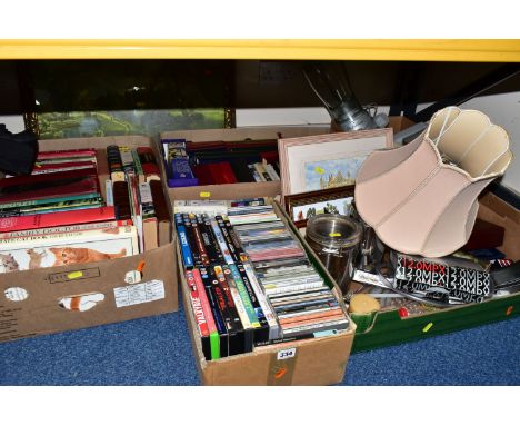 FIVE BOXES OF BOOKS, CDS, DVDS AND KITCHEN EQUIPMENT, to include a Russell Hobbs 'Chelsea Teamaker', a Breville 'Anthony Worr
