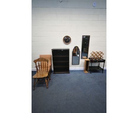 A STAINED OAK THREE TIER OPEN BOOKCASE, width 80cm x depth 32cm x height 122cm, a similar tea trolley, three various wall mir