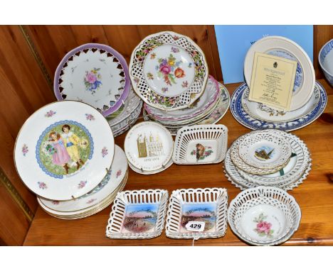 A QUANTITY OF CABINET PLATES, comprising a boxed limited edition Wedgwood  Queen's Ware plate to mark 40 years of inland wate