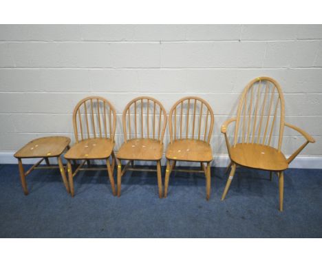 FIVE VARIOUS ERCOL DINING CHAIRS, to include an elm and beech quacker back armchair, four kitchen chairs (condition - quaker 