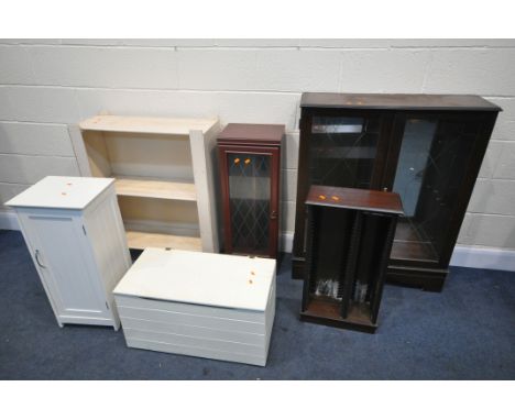 A MAHOGANY GLAZED TWO DOOR BOOKCASE, hi-fi cabinet, cd cabinet, along with three various painted cabinets (6)