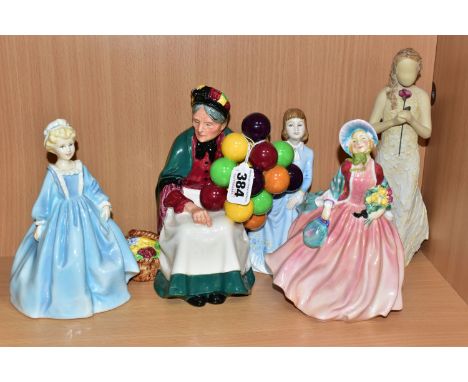 FIVE FIGURINES, comprising Royal Doulton 'The Old Balloon Seller' HN1315 (crazing), and Honey HN1909 (losses to petals/leaves