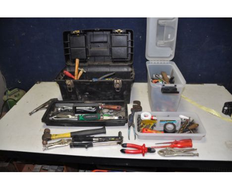 TWO PLASTIC BOXES containing mostly automotive tools including spanners, mole grips, screwdrivers, hammers etc