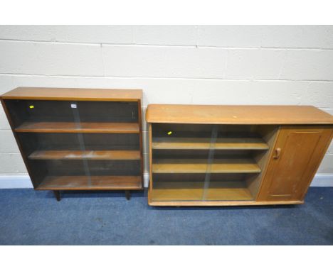 A PRIORY LIGHT OAK GLAZED BOOKCASE, width 138cm x depth 34cm x height 86cm, and an afromosia glazed bookcase (2)