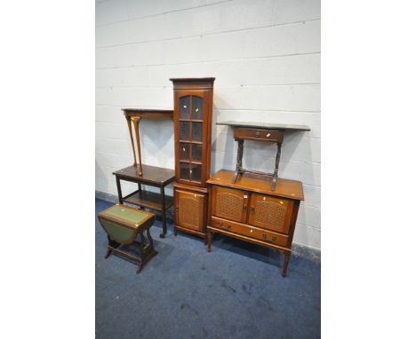 A CHERRYWOOD TWO DOOR CABINET and a matching corner cupboard, along with two drop leaf sofa tables, walnut demi lune table an