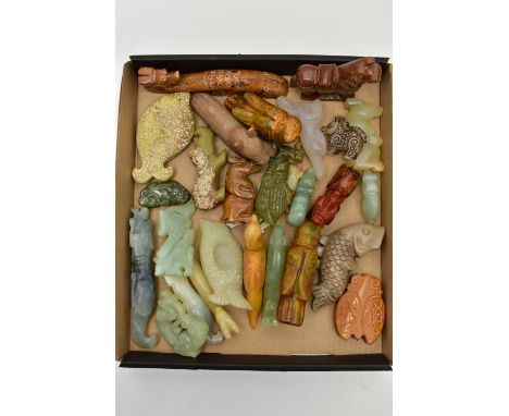 A BOX OF MODERN CARVED HARDSTONE FIGURINES, to include twenty seven carved animals in forms such as a horse, fish, birds, dra