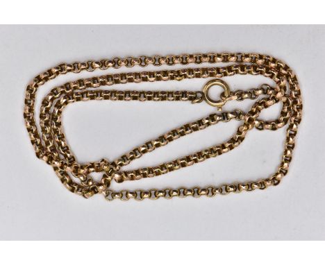A YELLOW METAL BELCHER CHAIN, approximate length 500mm, fitted with a spring clasp, stamped 9ct, fitted with a base metal jum