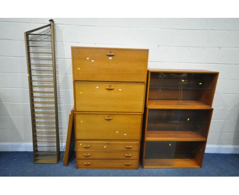 A MID-CENTURY STAPLES LADDERAX MODULAR WALL SHELVING SYSTEM, comprising of five metal laddered uprights, quantity of bars, tw