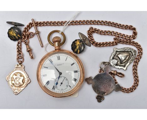 A 9CT GOLD ALBERT CHAIN, AND A GOLD PLATED POCKET WATCH WITH FOB MEDALS, rose gold albert chain, each link stamped 9.375, fit