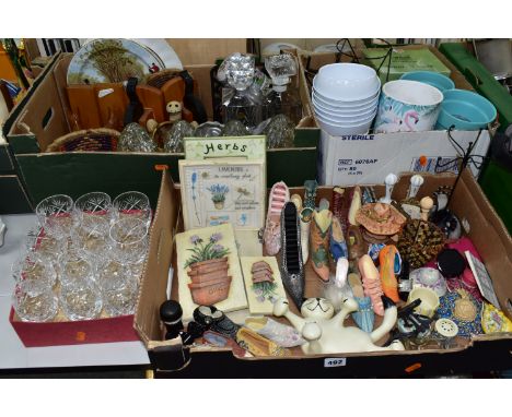 FOUR BOXES OF SUNDRY ITEMS ETC, to include a set of six cut glass wine glasses and a set of six small wine glasses, Royal Roc