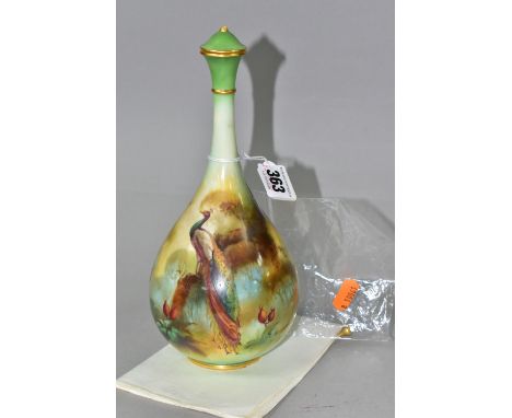 A ROYAL WORCESTER COVERED VASE, of elongated form, painted with a peacock on a green ground by William Jarman (signed), green