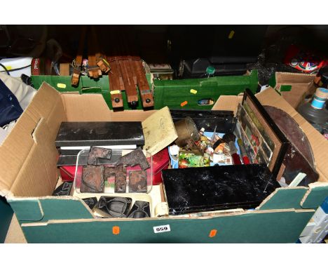 THREE BOXES AND LOOSE ART MATERIALS, PRINTING BLOCKS, SEWING SUPPLIES AND SUNDRY ITEMS, to include a wooden easel, assorted p