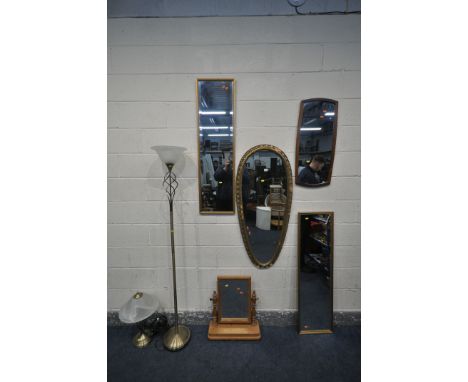 FOUR VARIOUS WALL MIRRORS, to include a mid-century teak mirror, three gilt mirrors, a pine swing mirror, and a brass standar