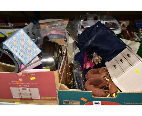 FOUR BOXES OF LADIES' ACCESSORIES AND SUNDRY ITEMS, to include a pair of M&amp;S ladies' tan ankle boots size 5, a Winnie the