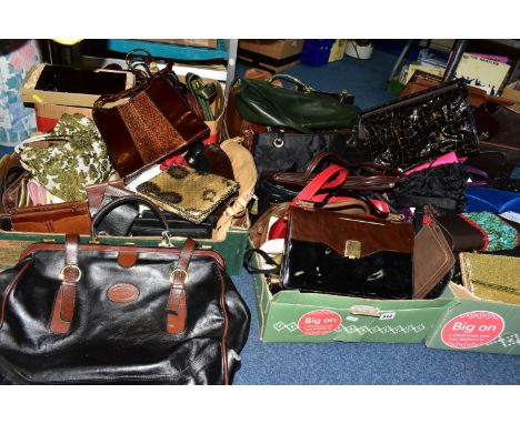 SIX BOXES OF ASSORTED LADIES VINTAGE HANDBAGS, to include six new and unused leather laptop bags and under arm folios with or