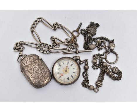 A SILVER VESTA AND ALBERT CHAIN, A SILVER POCKET WATCH AND WHITE METAL ALBERTINA, vesta of a lozenge form, engraved with foli