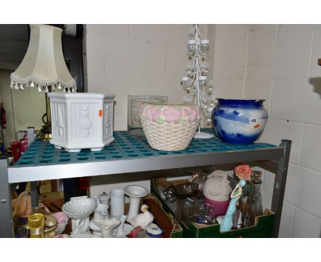 TWO BOXES OF CERAMICS AND GLASSWARE, to include three large ceramic planters, a table lamp, metal tealight holder, vases, can