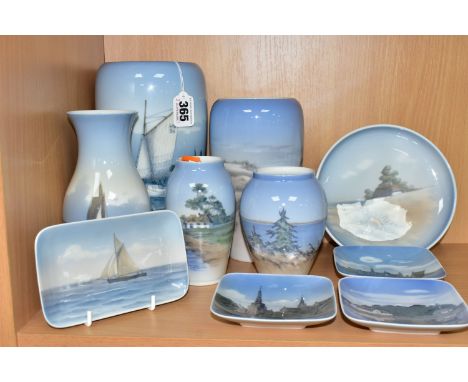 A GROUP OF ROYAL COPENHAGEN AND SIMILAR PORCELAIN, comprising five vases, no 2609/1049 decorated with yachts, height approxim