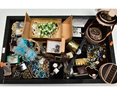 A DISPLAY TRAY WITH COSTUME JEWELLERY, large rectangular display tray together with contents to include imitation pearl neckl