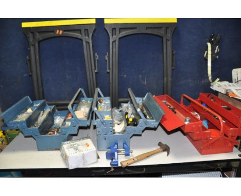 THREE METAL TOOLBOXES CONTAINING TOOLS including bearing pullers, spanners, ring compressor, a Record V75 table vice, a pair 
