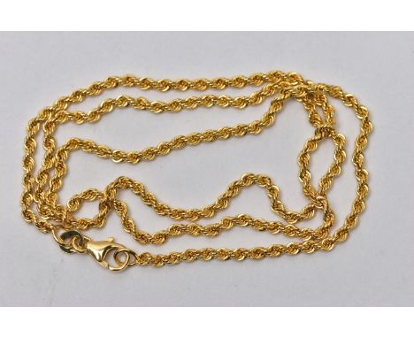A YELLOW METAL CHAIN NECKLACE, rope twist chain, fitted with a lobster clasp, approximate length 450mm, stamped with Italian 