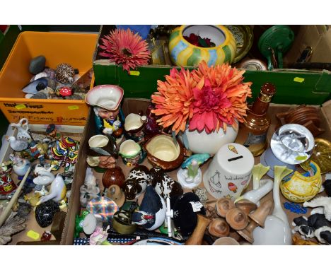 FOUR BOXES OF ASSORTED ORNAMENTS, to include a Royal Doulton Bell's Scotch whisky decanter, four Royal Doulton character jugs