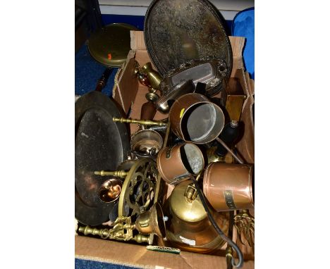 ONE BOX OF BRASS AND METALWARES, to include a vintage brass calcium carbide bicycle lamp, stamped Joseph Lucas Ltd - Birmingh