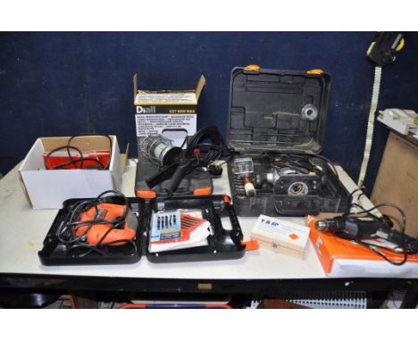 A BLACK AND DECKER JIGSAW AND SANDER, a Diall Led Light, a MacAllister 1/2in Router, an unbranded drill, a Challenge Xtreme p