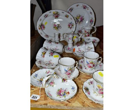 A HAMMERSLEY DRESDEN FLORAL SPRAYS &amp; GOLD 'EILEEN' PATTERN TEA SET, comprising a trefoil dish (broken and glued), two can