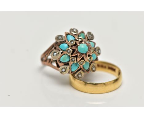 AN 18CT YELLOW GOLD BAND RING AND A SEED PEARL AND TURQUIOSE RING, plain polished band ring, approximate width 4.0mm, hallmar