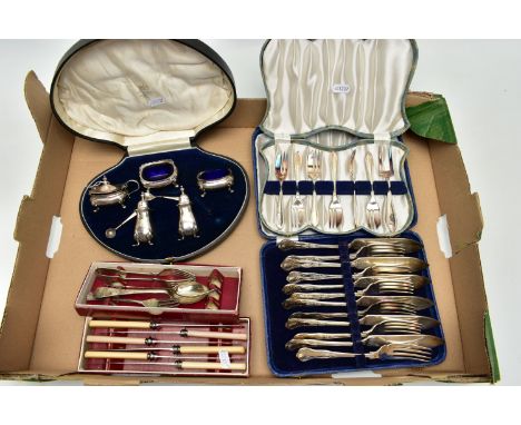 A BOX OF ASSORTED SILVERWARE, to include a cased cruet set, box encasing two pepperettes, two salts and a mustard and a silve