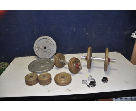 TWO DUMBELLS AND EIGHTEEN WEIGHTS by Weider and York, a Weider bench and two weight bars (27)