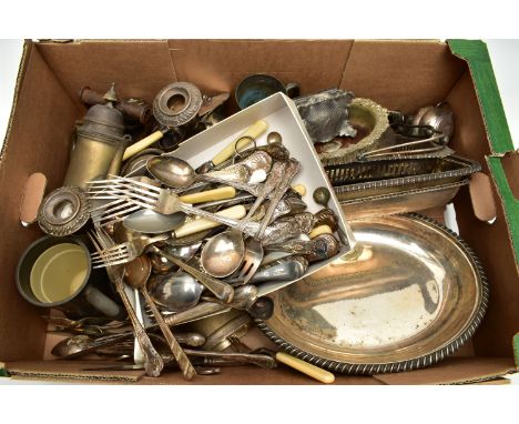 A BOX OF ASSORTED WHITE  METAL WARE, to include entree dishes, trays, coasters, sauce boats, water jugs, sugar bowl, a three 