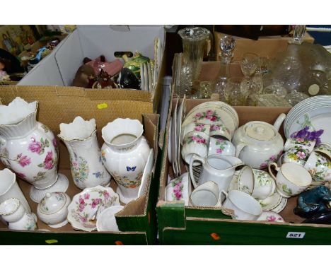 FOUR BOXES OF CERAMICS AND GLASS WARES, to include a Royal Albert Flower of the Month 'January: Snowdrop' trio, three Royal A