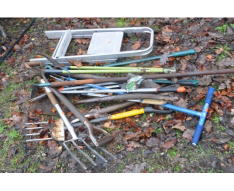 A QUANTITY OF GARDEN TOOLS including spades, forks a pair of aluminium steps etc