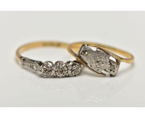 TWO YELLOW AND WHITE METAL DIAMOND RINGS, the first a three stone, single cut diamond ring, in a white metal mount leading on