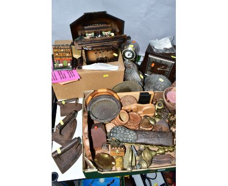 TWO BOXES OF WOOD AND METAL WARES ETC, to include a boxed German Gueissaz-Jaccard musical cuckoo clock - appears to be in unu
