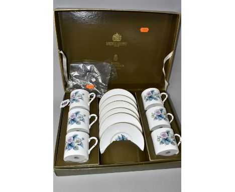 A BOXED  COFFEE SET OF ROYAL WORCESTER WOODLAND BLUE PATTERN, comprising six coffee cans and six saucers (12) (Condition Repo